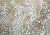 Delicate Ivory Corded Lace Fabric , Floral White Embroidered Tulle Fabric For Wedding Dress