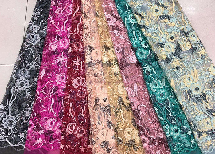 Gold Silver Sequin Fabric , Multi Colored Embroidered Floral Dress Lace Fabric